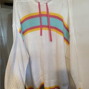 Torrid White Sweater with Pink, Yellow, and Blue Stripes